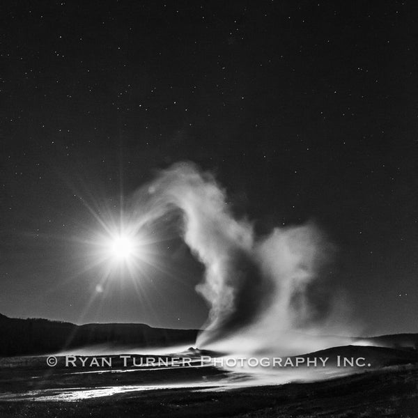 Moon Rising Over a Churning Old Faithful