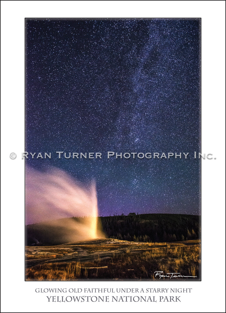 Glowing Old Faithful Under a Starry Night - Notecard